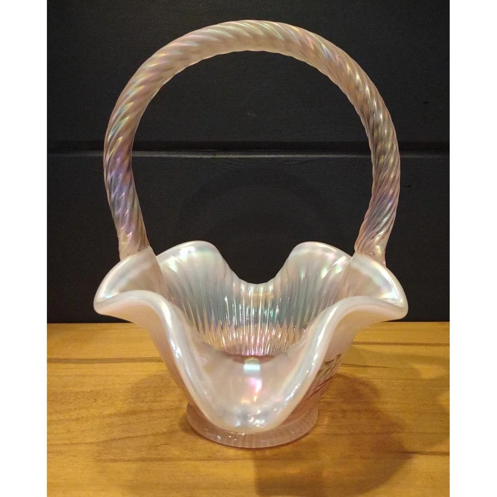 Fenton Iridescent Pink Butterfly & Daisy‎ Hand Painted Ruffed Basket